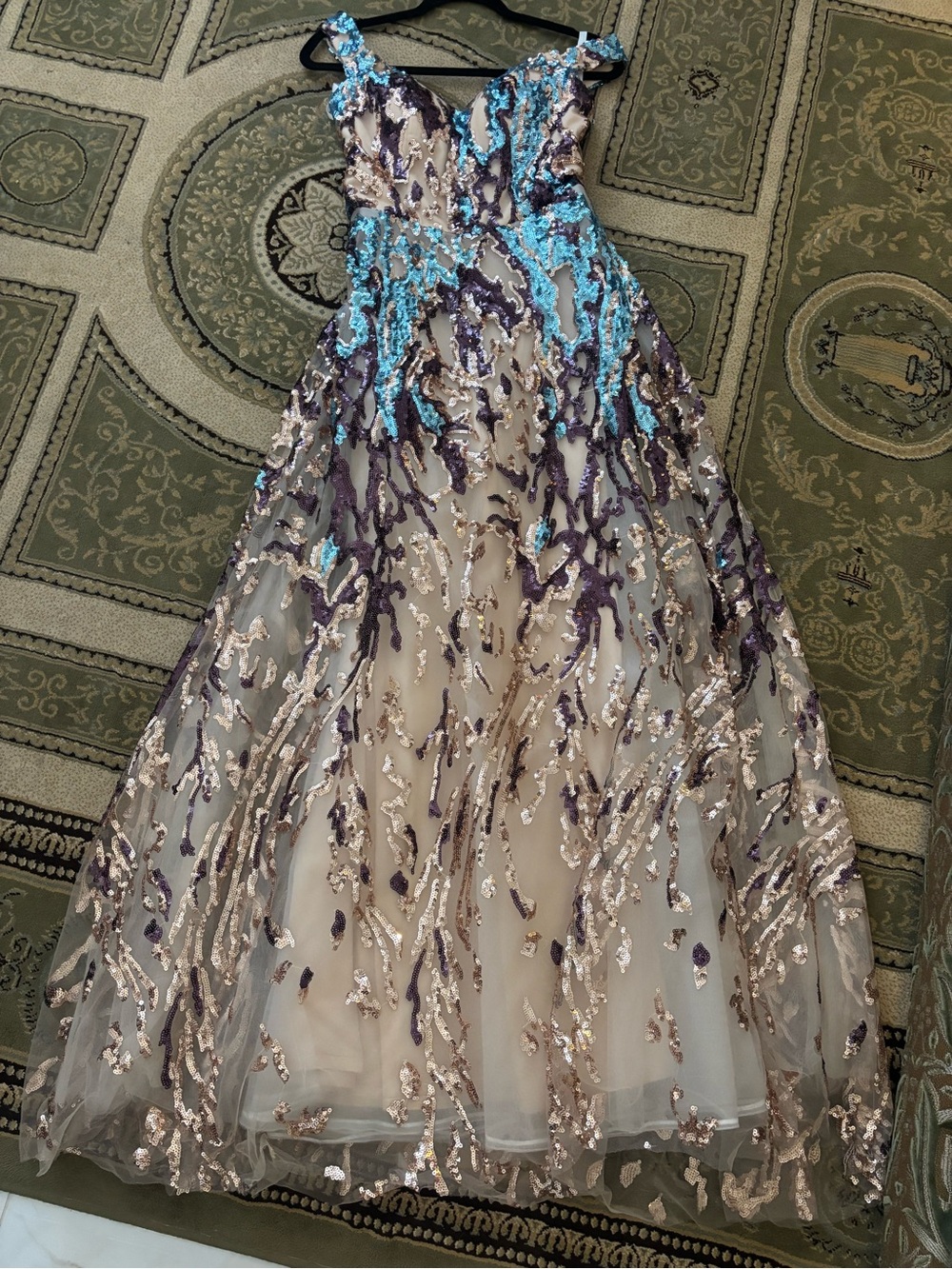 Embellished Sequin A-Line Evening Skirt - Blue, Purple, Champagne